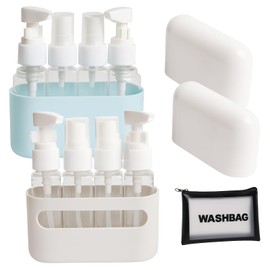 Set de 2 Botellas de Viaje 4 en 1 con Funnel, Bolsa de Aseo y Etiquetas - Accesorios de Viaje Impermeables Perfectos para Avión, Ideal para Viajes de Negocios y Vacaciones (Azul claro y gris)