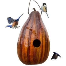 Saving Shepherd BROWN & TAN PSYCHEDELIC STRIPED BIRDHOUSE - Amish Hand Mottled Gourd Bird House