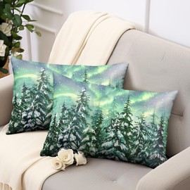Kwlegh Winter Aurora Lumbar Pillow Covers 12x20 Set of 2 Snowy Pine Tree Throw Pillow Covers Green Polar Light Forest Pillow Case Rectangular Cushion Case for Home Decor Couch Sofa