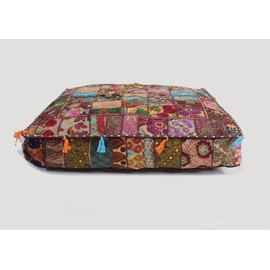 CRAFT KALA Indian Square Patchwork Traditional Pouf Cover Indian Living Room Poufs Decorative Embroidered Designer Ottoman Home Living Footstool Chair Cover Decor Pillow Cover 35 inches, Brown