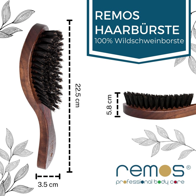 REMOS Hair Brush with 100% Wild Boar Bristle Walnut Wood