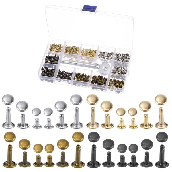 sourcing map 180 Set Leather Rivets Kit 4 Colors 3 Sizes Metal Studs Double Cap Rivet with 3PCS Setting Tools Rivets for Leather Fabric Repair Decoration