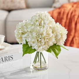 White Artificial Hydrangea Flowers with Glass Vase