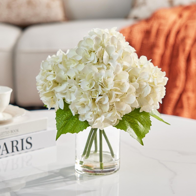 White Artificial Hydrangea Flowers with Glass Vase