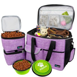 PetAmi Dog Travel Bag, Travel Pet Bag Organizer, Dog Food Travel Bag with Food Container and Bowls, Dog Travel Supplies Gift Accessories for Weekend Camping, Dog Cat Diaper Bag (Purple, Large)