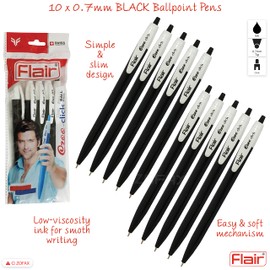 FLAIR 10 x 0.7mm Ezee Click BLACK Ballpoint Retractable Pens Slim Design + 2 x ZOFAX Ball BLACK Pens
