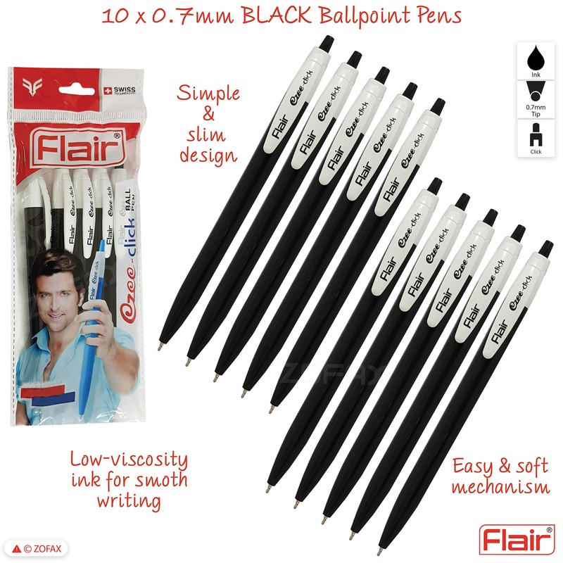 FLAIR 10 x 0.7mm Ezee Click BLACK Ballpoint Retractable Pens