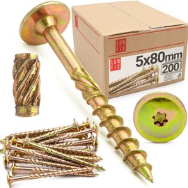 Lun Fix Flat Head Screws 5 x 80 mm | Pack of 200 | TX25 | Flat Head / Milling Ribs | Yellow Galvanised | Torx Screws | Wood Screws | Flat Head Screws Wood | Construction Screws |