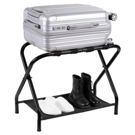 Heybly Luggage Rack,Pack of 2,Steel Folding Suitcase Stand with Storage Shelf for Bedroom, Hotel, Foldable Steel Frame, Guest Room Bedroom Hotel, 26.2" L x 14.4" W x 20.5" H, Black,HLR004B2