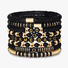 Game Day Bracelet for Women GO GAME DAY Heishi Beaded Stretch Bracelets Stackable Football Sports Bracelets Game Day Jewelry Gifts Football Accessories Outfits (Gold Black)