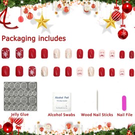 Folmywy 24pcs Christmas Fake Nails Short Artificial Nails Glitter Glossy Press on Nails Snowflake Elk Design Daily Wear for Girls and Women DIY Gift Style