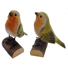 Robins Free-Standing on Branch, Hand Carved, Approx. 10-12 cm | Wooden Bird Decorative Bird Coloured Hand-Painted Glass Eyes, Birds, Swallow Nest, Bring Happiness