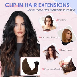 Elailite Hair Extensions Clip in Real Human Hair Invisible Natural 8 Pieces Thin Weft Full Head Straight - #Ombre 1B/4 Natural Black ombre Medium Brown - 12 Inch (55 g)