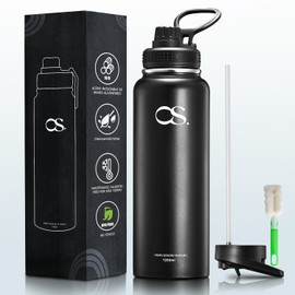 OSLIFE Termo Acero Inoxidable,Thermoflask para Cafe,Botella de Agua con 2 Tapas,Agua Fría 24 Horas o Caliente 12 Horas,Hermética Antigoteo,contigo,senderismo Water Bottle para (Negro, 1.2 Litros)