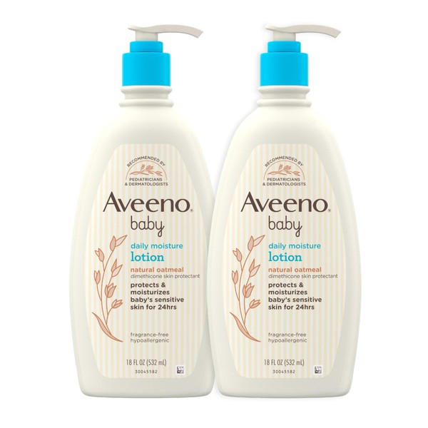 Aveeno Baby Daily Moisture Body Lotion for Delicate Skin, Natural Colloidal Oatmeal & Dimethicone, Hypoallergenic Moisturizing Lotion, Fragrance- & Paraben-Free, Twin Pack, 2 x 18 fl. oz