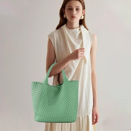 JINMANXUE Woven Tote Bag For Women Vegan Leather Handbags and Purses Large Travel Summer Beach Bag Shoulder Shopper Bags (Bean green)
