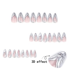 24PCS Reusable Fake Nails - Pressed Nails, Minimally French, Sticky Nails - Women's and Girls' Fake Nails (3D Silver)