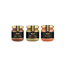La Rustichella - Italian Truffle Bruschetta Essentials Set - White Truffle Asparagus Spread 3.2 oz / 90 g, Black Truffle Sun Dried Tomatoes Spread 3.2 oz / 90 g & White Truffle Pumpkin Spread 3.2 oz