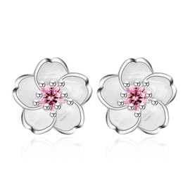 BG&WLing Cherry Flower Stud Earrings for Women, 925 Sterling Silver Stud Earrings with Cubic Zirconia Hypoallergenic Cute Fashion Jewelry (Pink)
