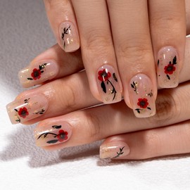 Curvlife Press On Nails Kit - Full Cover False Nail Tips with Trendy Designs, Reusable & Glue Included - Easy Application Nail Accessories for Women (flower7, Medium)