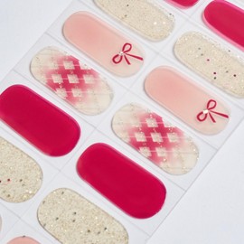 Cute Valentines Semi Cured Gel Nail Stickers Pink Bow Gel Nail Strips Romantic Valentine Nail Polish Stickers Solid Color Holiday Nail Polish Strips for Women DIY Manicure Decorations 20Pcs