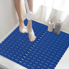 ​Shower Mat Non-Slip Bath Mat for Tub and Shower Stall,200+ Suction Cups with Drain Holes, Quick Dry Machine Washable, Extra Grip for Elderly and Baby, Bathroom Essentials 24x24 Inch (Blue)