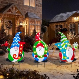 Afirst Christmas Decorations Outdoor Yard - Christmas Yard Stakes Gnomes Holding Joy Lighted Metal Yard Stakes Outdoor Christmas Stake Lawn Pathway Outdoor Decoration