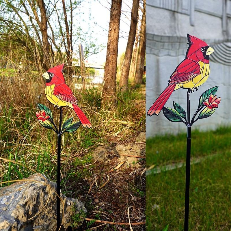 Red Cardinal Garden Stake – Metal Outdoor Bird Decoration for