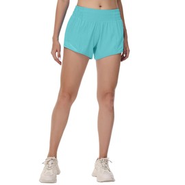 MCEDAR - Pantalones cortos para correr para mujer, cintura alta, forrados, 4 pulgadas, ligeros, para entrenamiento activo, secado rápido, gimnasio, deportes, bolsillo corto con cierre, Wild Mint