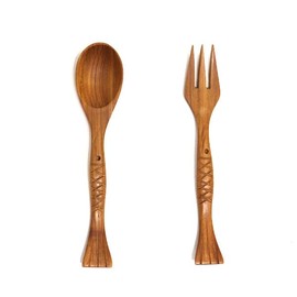 Wooden Spoon and Fork Set, Teak wood spoon and fork, Wooden Cutlery Set, Spoon And Fork Set, for Lunch, Camping, Travel, Natural Wooden, Fish Shape Design
