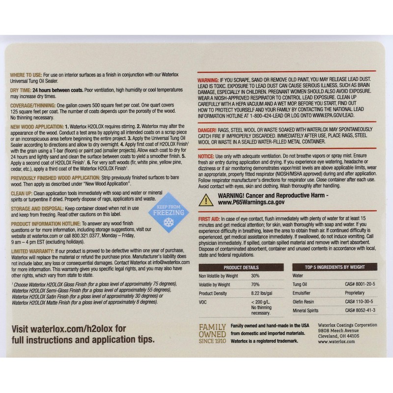 Waterlox H2OLoX Water Based - Matte Finish - Quart