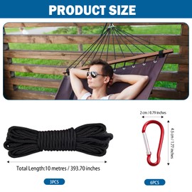 3 Black Nylon Ropes, 10 m, Thick Nylon Outdoor Rope, Dinghy Rope, Static Climbing Rope, Paracord Rope, Black with 6 Mountaineering Buckles, Multifunctional Outdoor Rope for Camping, Outdoors, DIY