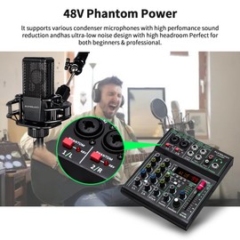 LM4DSP 4-channel professional mixing console,99DSP effect Metal Sound Board Console System digital USB Bluetooth mp3 48V phantom power stereo DJ Mixers used for recording live streaming and podcasting