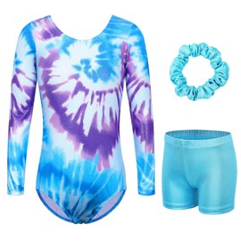 Toddler Girls Ballet Leotards Long Sleeve Dance Gymnastic Ballerina Outfit for Girls Athletic Tank Bodysuit BlueTieDye Set, 10-12 Years