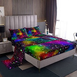 Feelyou Rainbow Galaxy Bed Sheet Twin Size Out Space Bedding Colorful Nebula Universe Deep Pockets Sheet Set 3 Pcs - 1 Falt& 1 Fitted Sheets with 1 Pillow Shams