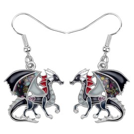 Enamel Alloy Dinosaur Fantasy Dragon Earrings Drop Dangle Unique Animal Jewelry for Women Dragons Gifts (Black)