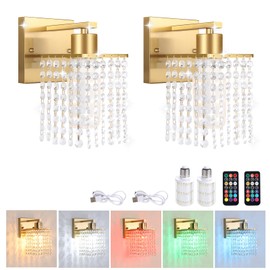 Shenmoyl Set of 2 Crystal Battery Operated Wall Sconce,Rechargeable Wall Lamp with 5200mAh Battery & Remote Control, Modern Dimmable Wireless Wall Lights for Bedroom Bathroom (Clear, Gold Base)