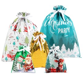 Christmas Drawstring Gift Wrapping Bags: Assorted Size Gift Bags 5pcs Festive Design Christmas Goody Bags