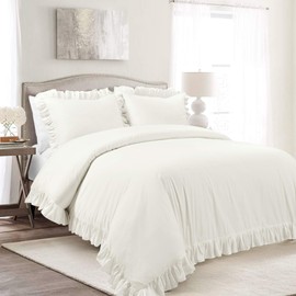 Lush Decor Reyna Ruffle 100% Cotton Duvet Cover Set - 3 Piece Cozy Ruffled Bedding Set - Timeless Elegance and Comfort - Full/ Queen, White