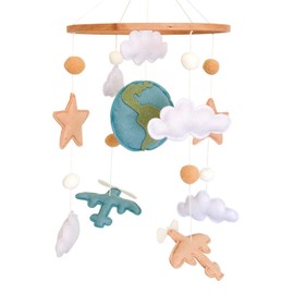 Airplane Baby Crib Mobile, Plane Mobile for Crib, Travel Nursery Decor for Boys, Neutral Vintage Baby Shower Gift, with Clouds, Stars & Globe