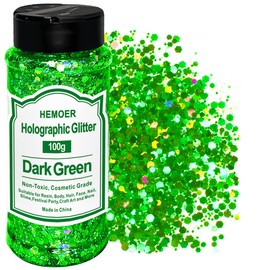 HEMOER Holographic Chunky Glitter, Dark Green, 100 g, Chunky Sequin Glitter, Craft Glitter for Resin, Face, Nails, Body, Crafts, Slime Festival Party Art, Glitter Powder for Nails Glitter