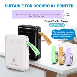 ORGBRO X1 Label Maker Tape, Genuine Thermal Label Print Paper 0.59"×275.6"(15mm×7m), Standard Laminated Office Labeling Tape Replacement, 3-Roll, Green/Purple/Orange
