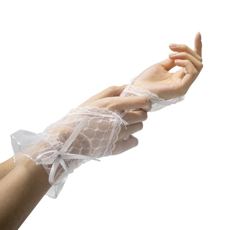 ALLY-MAGIC Women Fingerless Lace Gloves, Ladies Wedding Rhinestone Lace Cuffs