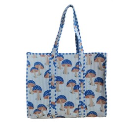 Cotton Quilted Tote Bag, Handmade Indian Shopping Shoulder Bag Mushroom Print