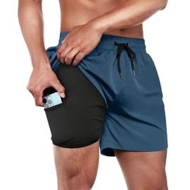 ineepor Men's Compression Swimming Trunks with Inner Shorts, Board Shorts, 2-in-1, Zip Pocket, Copen Blue