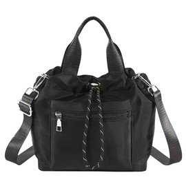 LEOLEO Shoulder Bag, Drawstring Bag, Tote, 2-Way Shoulder Bag, Nylon, Pochette, Handbag, Small, Lightweight, Cross-body, Casual, Bucket Bag, Popular Unisex Bag, Black