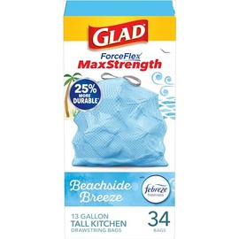Glad Bolsas de basura ForceFlexPlus - Bolsas de basura altas con cordón para cocina, 13 galones, brisa Febreze junto a la playa, 34 unidades