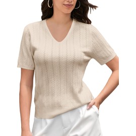 DAIMIDY Women's Short Sleeve V Neck Sweaters Cable Knit Hollow Out Summer Sweater for Women Lightweight Pullover Top Cream, USL