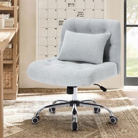 Armless Fabric Office Desk Chair with Wheels, Cross Legged Wide Seat Chair, Modern Home Office Chair with Lumbar Pillow, Comfortable Computer Task Chair for Small Space, Vanity Chair for Women, Girls - Color: Grey