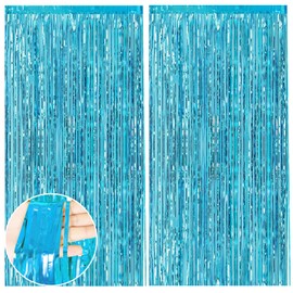 2pcs Tinsel Curtains, Foil Curtain 3.3ft *6.6ft Blue Party Decorations Background Streamers, Tinsel Curtain Backdrop Foils Fringe Curtains for Graduation Wedding Holiday Birthday Decoration